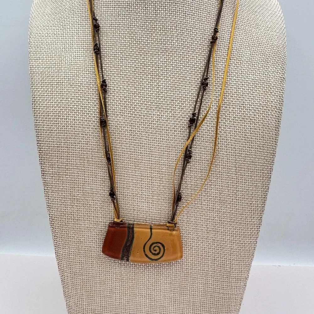 Vintage 90s Earth Tone Fused Glass Necklace Earrings Set Boho‎ Fashion Jewelry